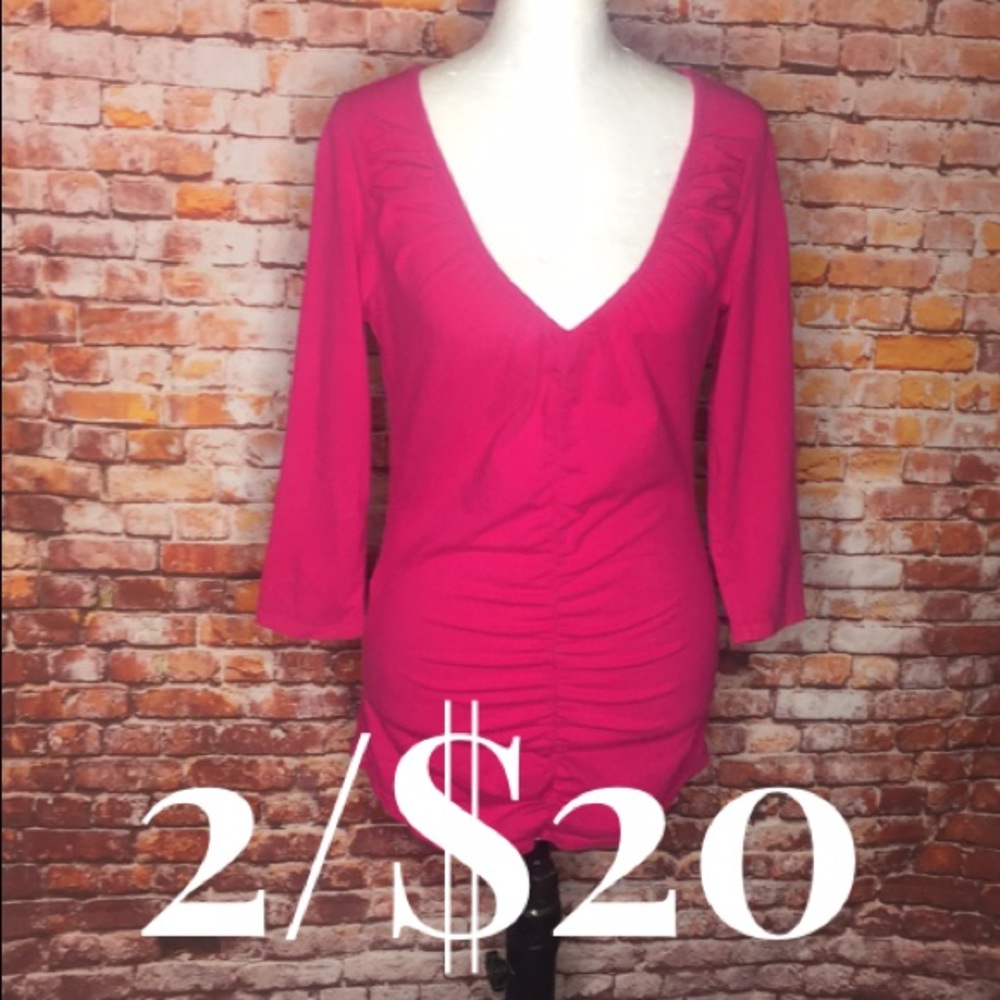 New York & Company Hot Pink Ruched V-neck Blouse